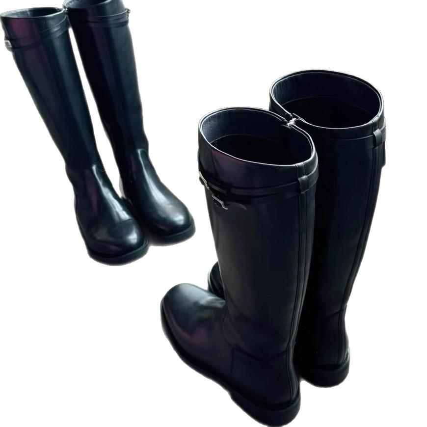 Cowhide version~ Korean version of round head thick heel boots women's 25 years of simple and versatile temperament straight tube side zipper knight b