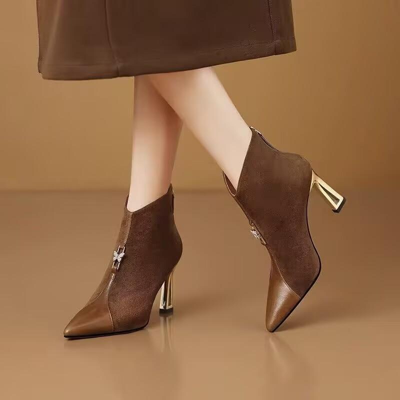 

Retro High Heels Women Stiletto Women Autumn Winter New Temperament Pointed Toe Fashion Colorblock Back Zipper Booties 34 коричневый