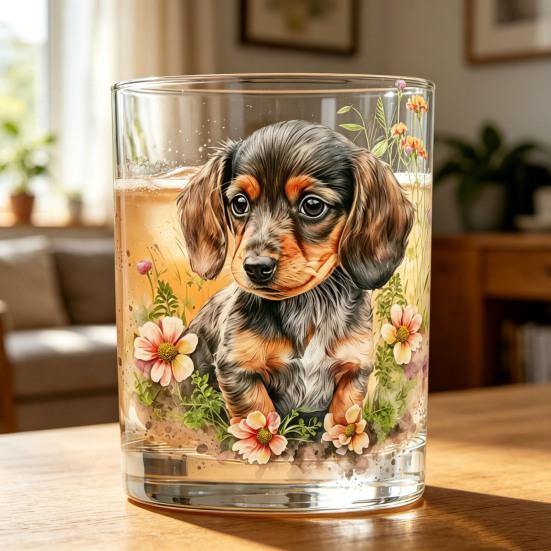 Whiskey Glass, Dachshund Glass Tumbler, Hand Painted Dog Floral Cup for Whiskey Coffee, Home Bar Gift for Dog Lovers