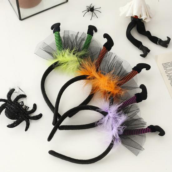 Witch Hair Hoop Witch Feet Feather Mesh Design Halloween Headband Adult Costume Parties Cosplay Dress Up Prop