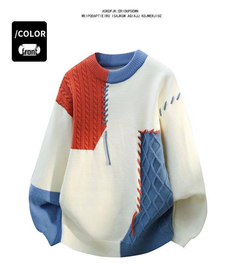 A/W 2025 Color Block Knit Sweater - Casual Couple's Round Neck Top