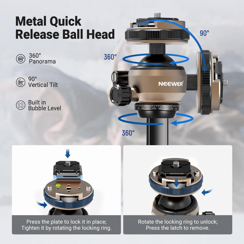 NEEWER LITETRIP Carbon Fiber Travel Slim Ball Panoramic Type Tripod for with Smartphone PD V3 Plate Two Center 10kg Load LT39 Tripod, Pan-Tilt Head,