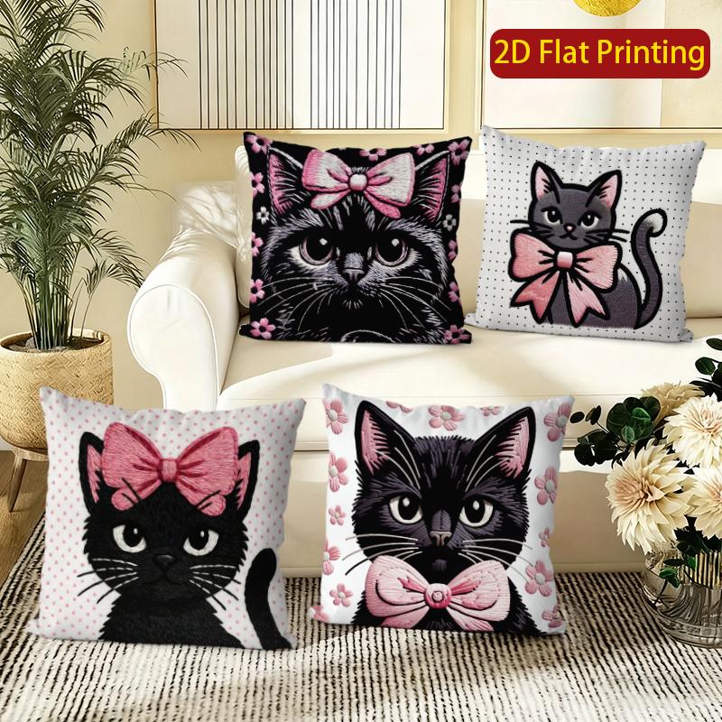 Cute Black Cat Pink Bow Decorative Pillow Covers Pattern Cushion Cover Suitable For Sofa Bedroom Car Pillow Cover