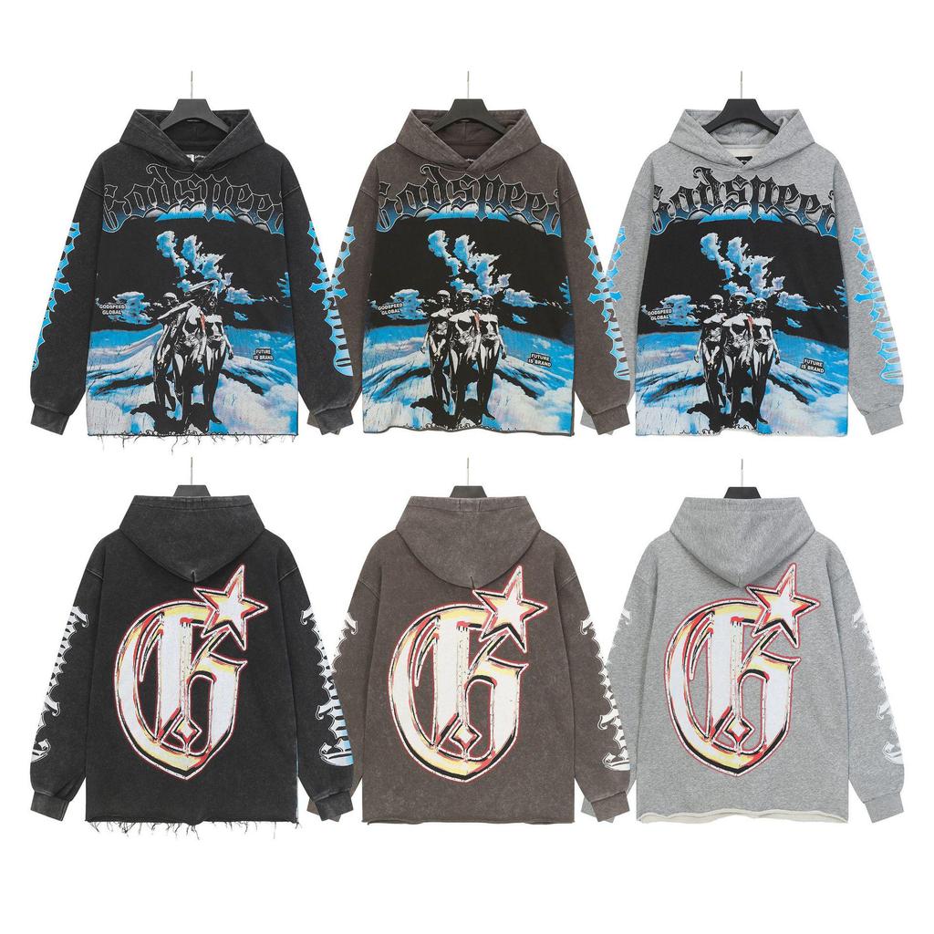 God Bless America Retro Rock Street Print Washed Hoodie - Casual Loose Fit