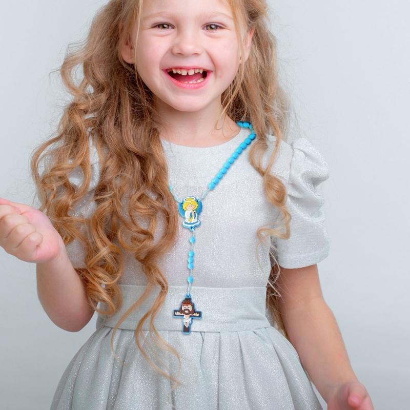 2 Pack Religious Gift Set for Catholic Children Prayer Beads Rosary Necklace Including Medals and Crosses Pendant Charm