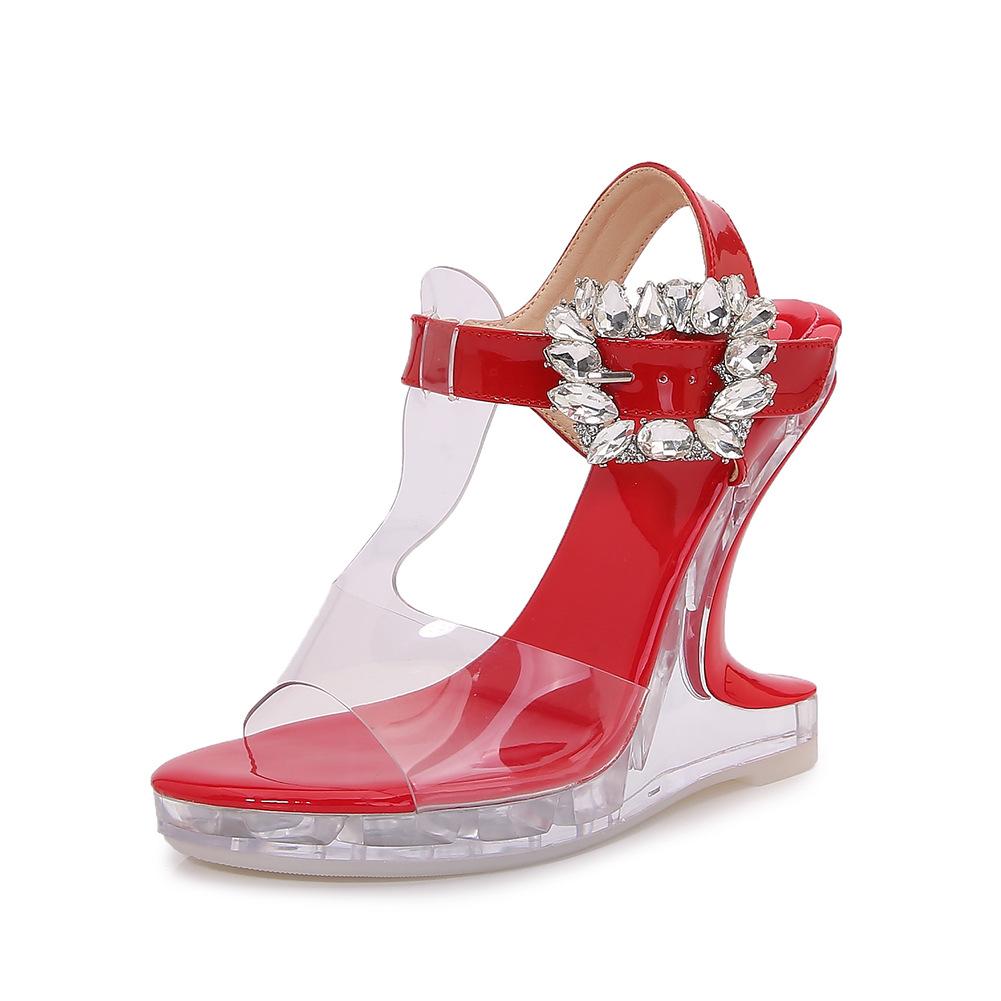 

Модные туфли на высоком каблуке с открытым носком и вырезом в виде рыбьего рта, с бриллиантовыми украшениями, каблук необычной формы, модная подиумная обувь, женские сандалии, OEM 41 красный