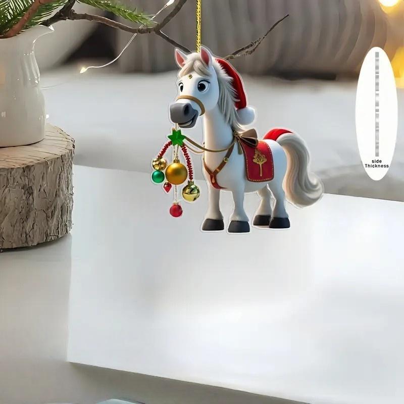 Cartoon Cute 2D Acrylic Horse Pendant Car Rearview Mirror Hanging Christmas Tree Ornament New Year Party Home Decoration