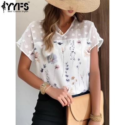 Women's Fashion Casual Summer Spring Flower Pattern Print Short Sleeve V-Neck Blouses & Shirts