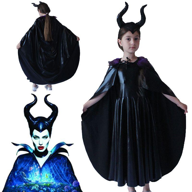 Captivating Maleficent Sorceress Evil Queen Girls Fancy Dress Halloween Costume With Horned Headwear