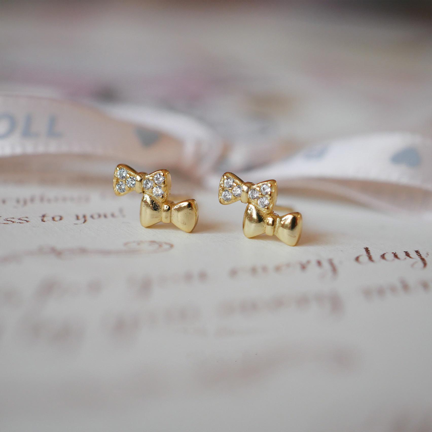 Mini Bow S925 Sterling Silver Zircon Stud Earrings Gold Pair (with Earplugs)