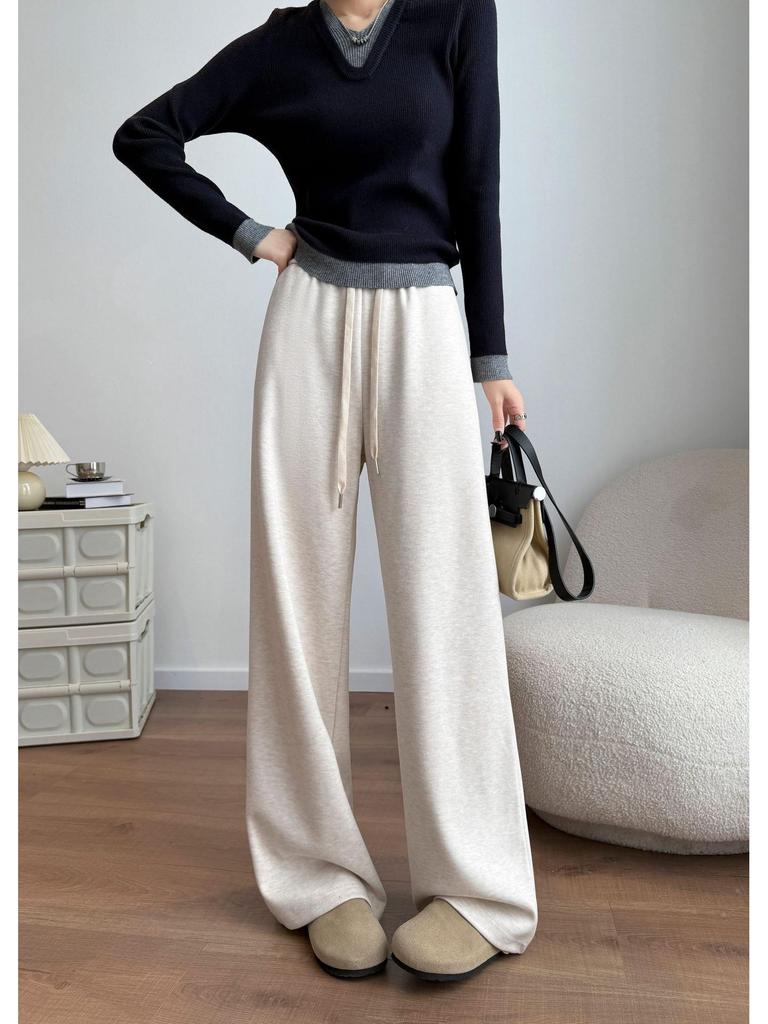 Aixuan White Wool Acetate Wide-Leg Pants: 2025 Autumn/Winter Women's Casual Draped Trousers