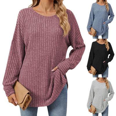 Damenmode, lässig, einfarbig, Rundhalsausschnitt, langärmelig, lockeres Pullover-Oberteil