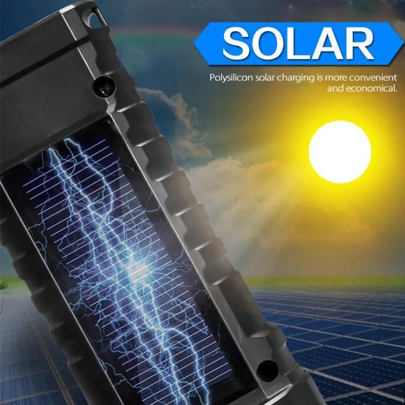 Solar LED Taschenlampe USB Aufladung Multifunktionale Taschenlampe Wasserdichte Taschenlampe Eingebaute Batterie Handlampe Campinglicht