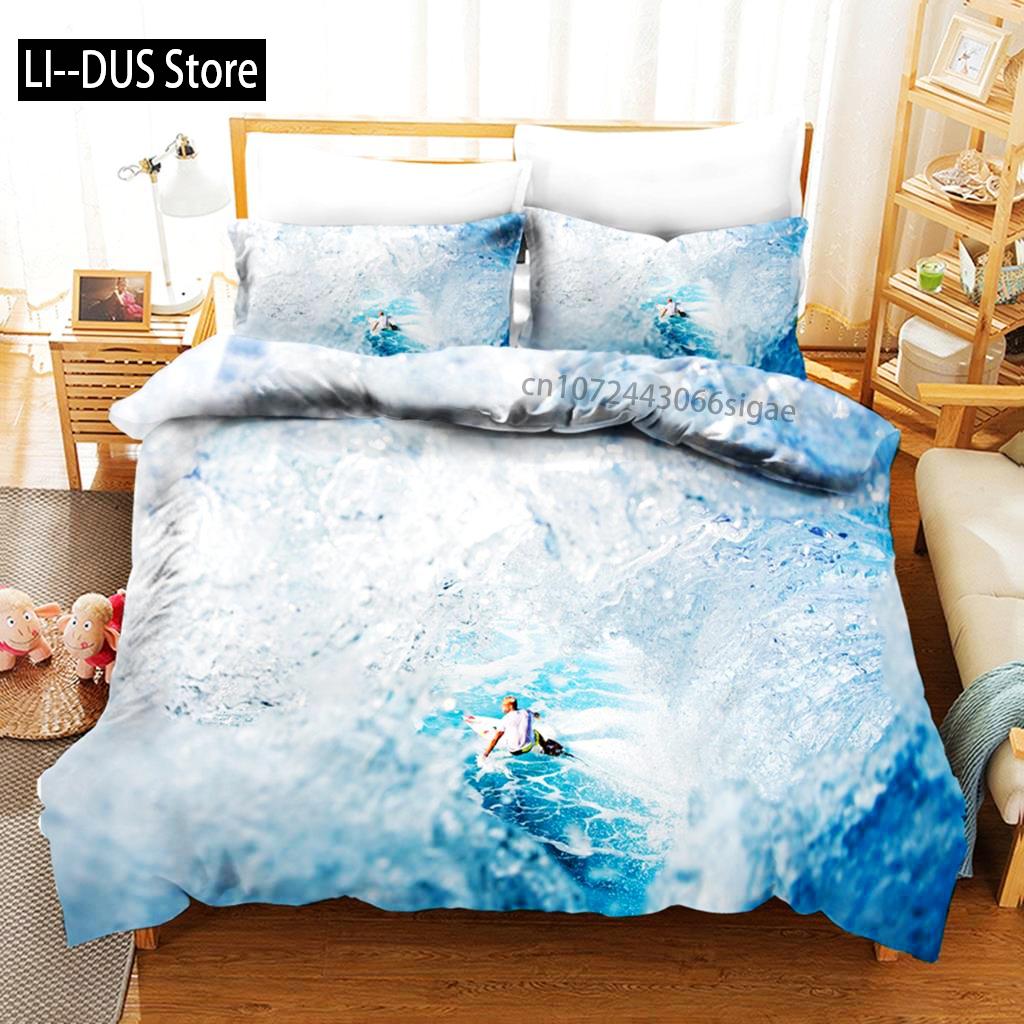 Set Copripiumino Surf Tavole da Surf Gioventù Tema Sport Oceanico Set Biancheria da Letto Per Adolescenti Poliestere Onde Surf Oceano Queen Copripiumi