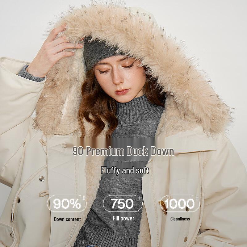 Chuyu Women's Mid-Length 3-Proof 90% Duck Down Hooded Jacket with Faux Fur Trim