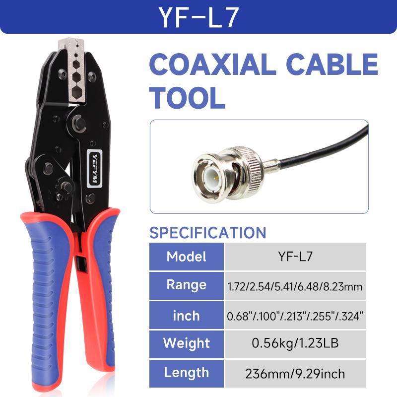 YF-L7 Hand-Powered Coaxial Ratchet Crimp Kit with 6 Replaceable Jaws Customizable Tool Sets for RG Cable RF Connectors
