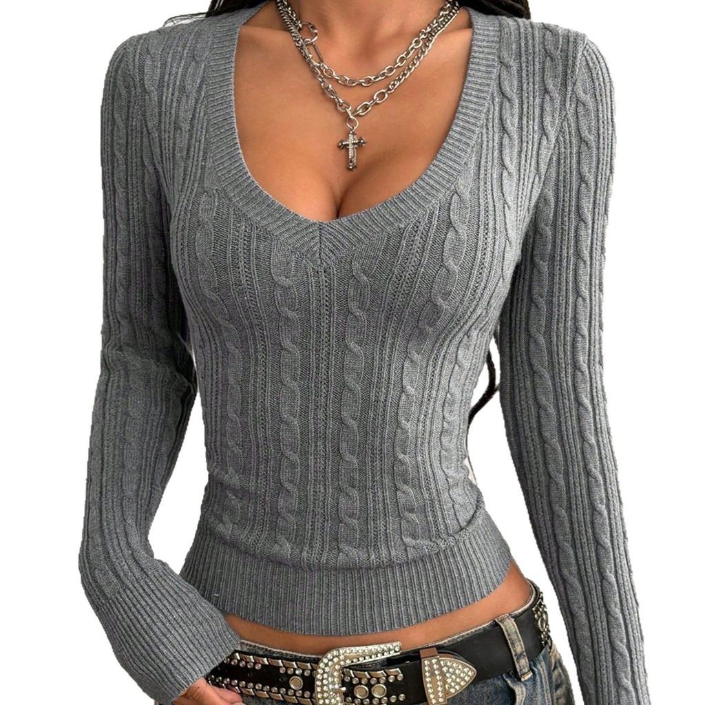 Women's Cable Knit Sweater, Long Sleeve Slim Fit Pullover with V Neck or Crew Neck Options