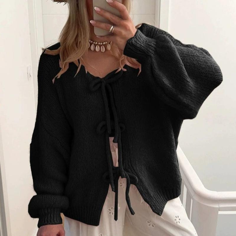 Women's Classic Tie-Front Knit Cardigan - Solid Color Round Neck Sweater Casual Pullover
