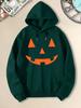 Retro Jack‑o'‑lantern Simple Pumpkin Face Front Print Hooded Sweatshirt Women's Loose Fleece Pullover Halloween Party Casual
