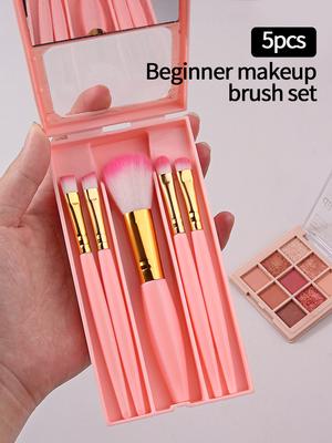 5pcs Mini Travel Makeup Brush Set with Mirror Storage Box,soft Bristle Blush Brush,eyeshadow Brush,lip Brush and Concealer Brush