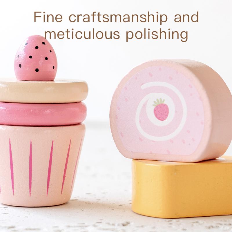 Wooden Double-Layer Dessert Stand Toy Set - Pink Bow Theme Children's Tea Party Pretend Play Toy Includes Cakes and Menu Cards