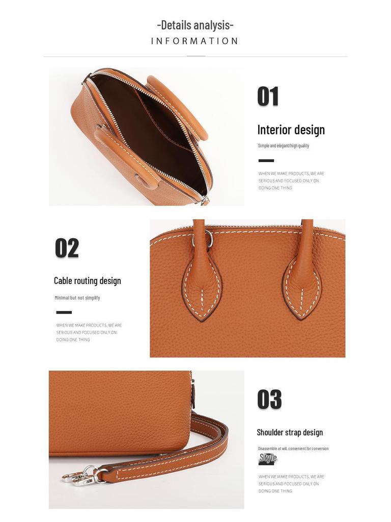 Mini Cowhide Crossbody Bowling Bag with Zipper - Classic Shell Design
