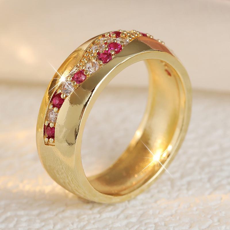 Aesthetic Inlaid White Red CZ Women's Ring Sparkling Gold Color Geometry Daily Wear Party Jewelry Anniversary Gift