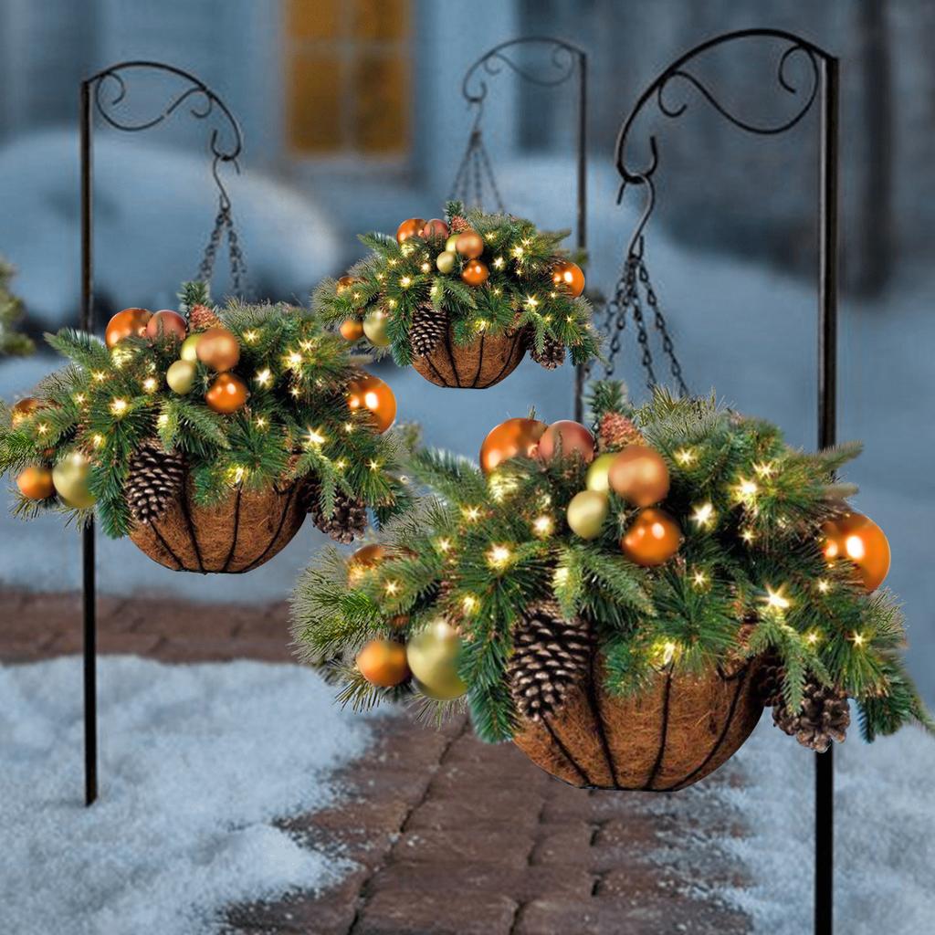 Pre-lit Artificial Christmas Hanging Basket-mixed Decorations And White LED Lights-frosted Berries