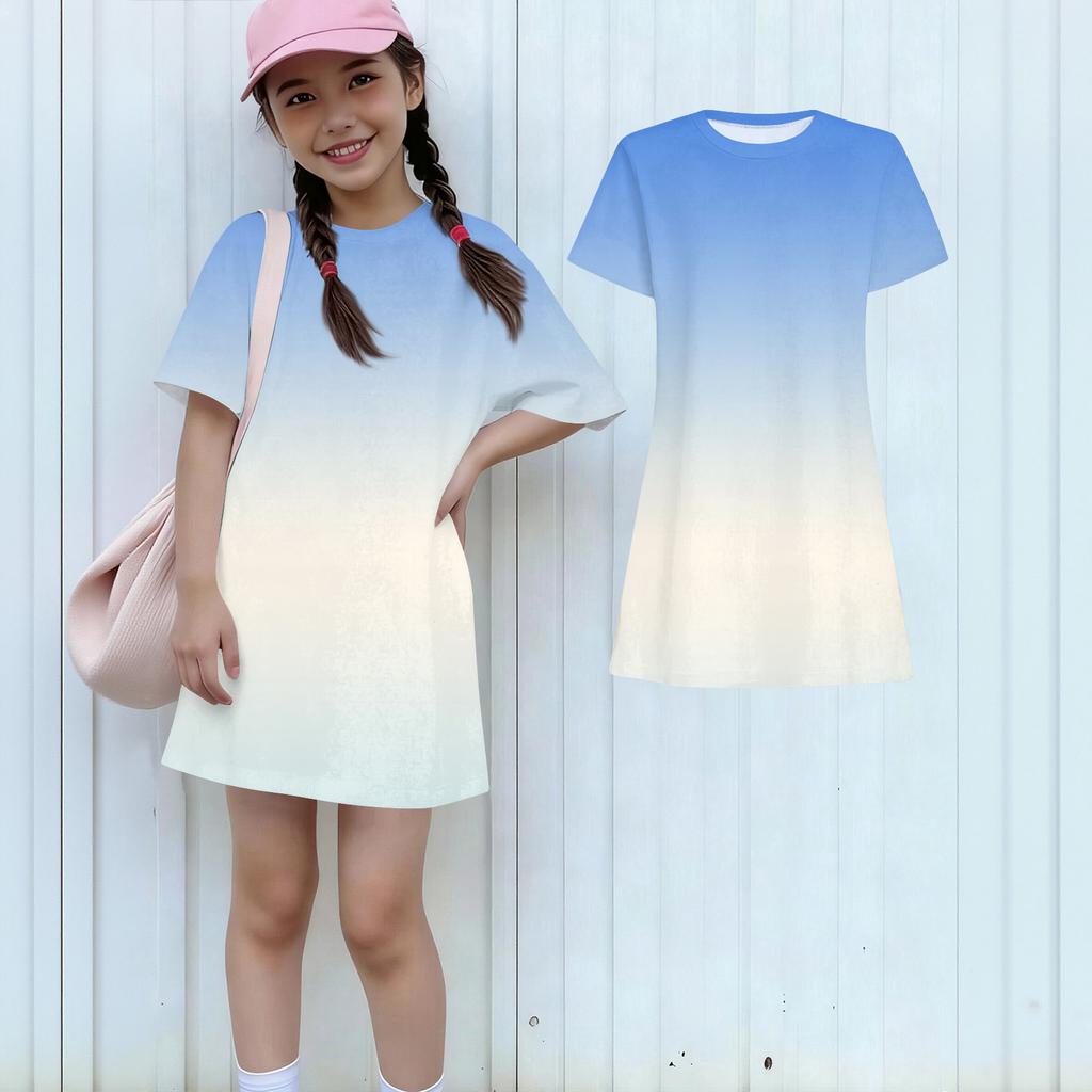 Girls Casual Sundress Kids Loose Round Neck Short Sleeve Lightweight Dress