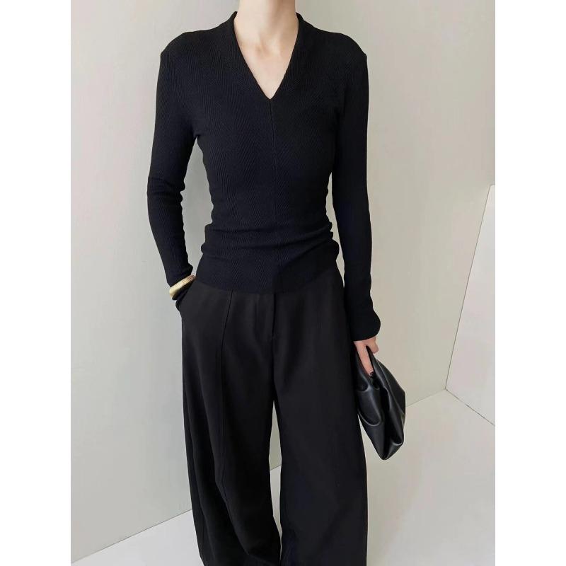 

Versatile retro collar herringbone knitted sweater women s early autumn temperament inner bottoming shirt, thin pullover One Size чорний