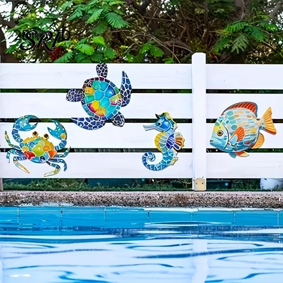 Sun-proof Outdoor Wall Art 4 Pcs Wooden Beach Decor Colorful Sea Turtle Fish Crab Seahorse Garden Decorations Sculptures Ocean Theme for Fence