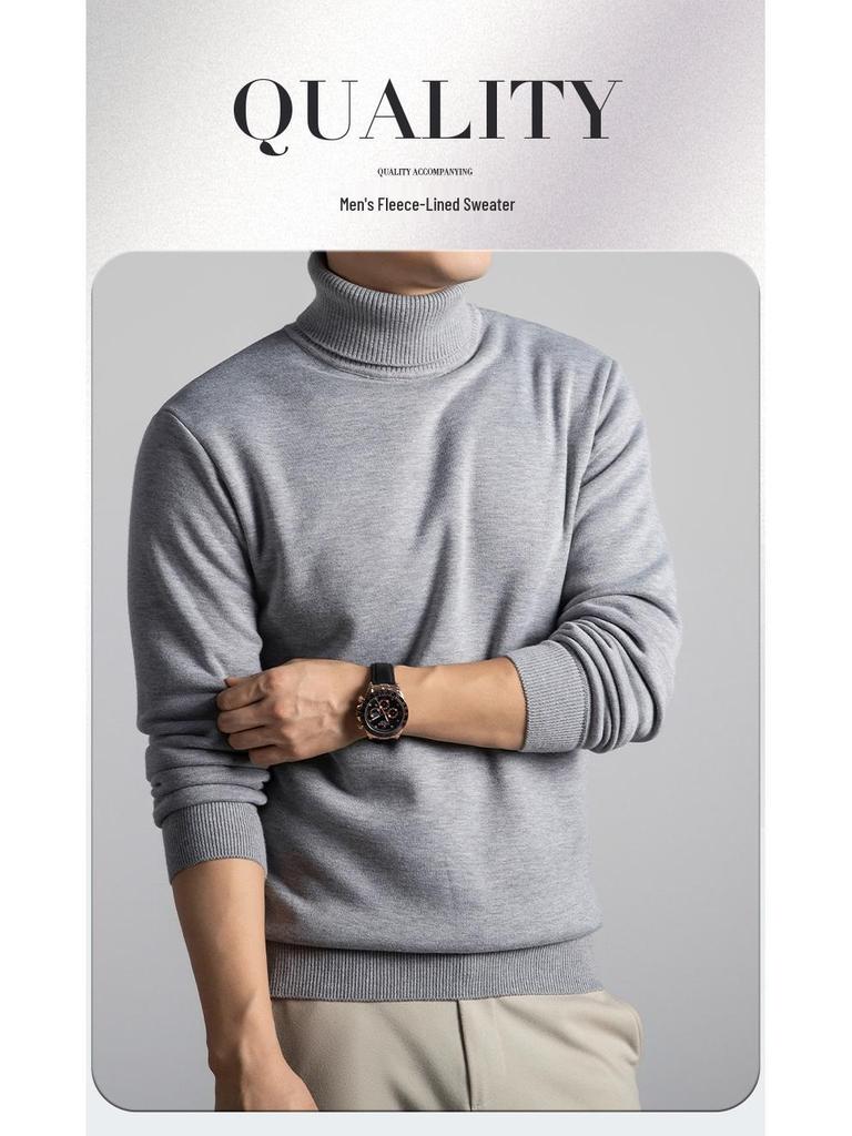 Men's Thick Velvet Wool Sweater - Machine Washable High Neck, Autumn/Winter, 550g Warm Base Layer