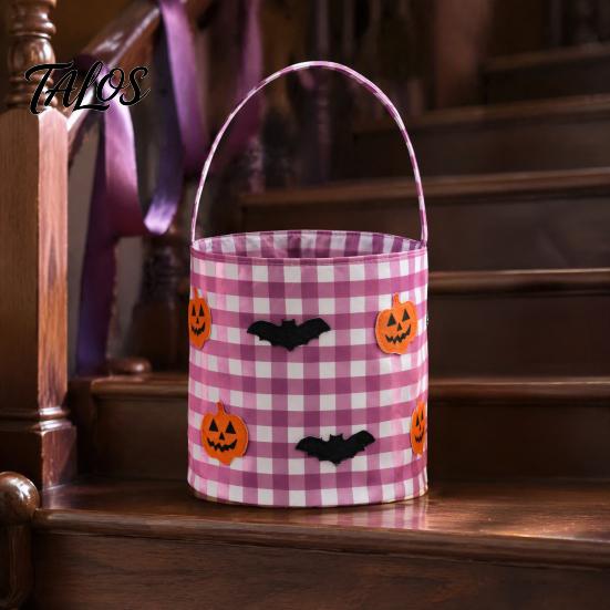 Autumn Theme Decor Halloween Bucket, Trick or Treat Basket for Kids Boys Girls, Plaid Pumpkin Goodie Bags Bat Ghost Candy Tote Bag with Handle