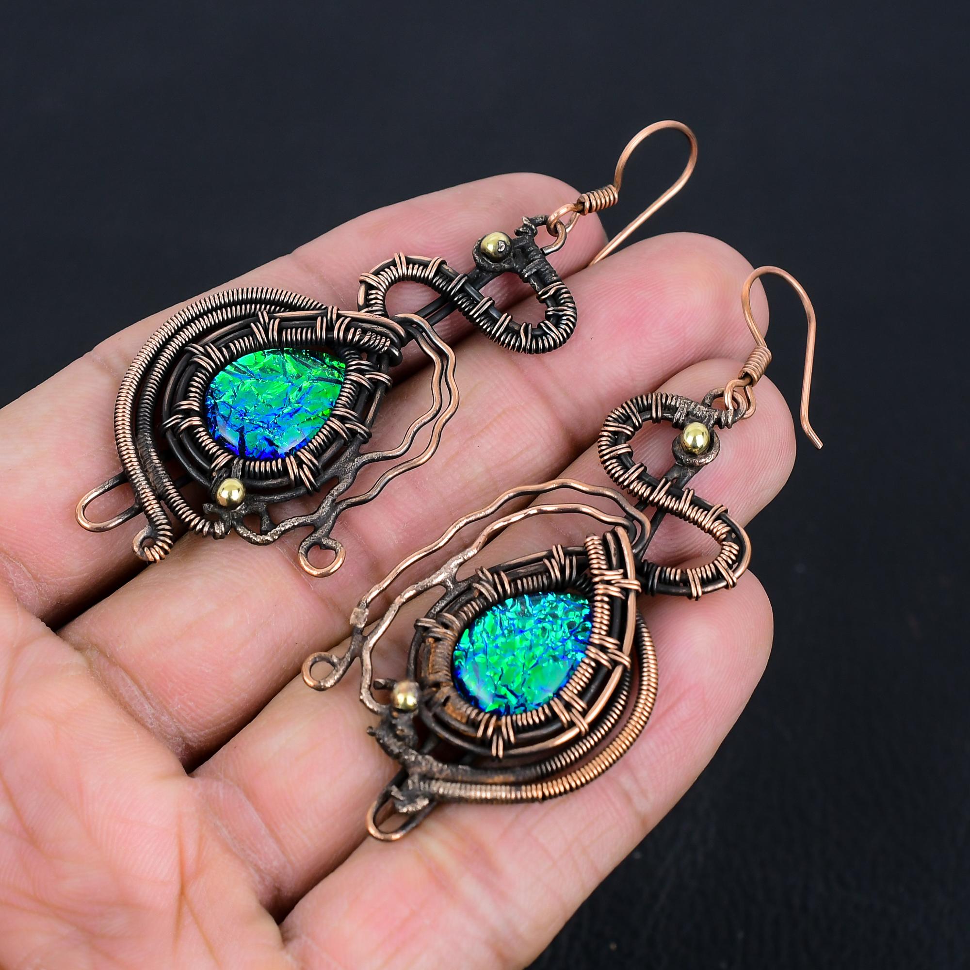 

Серьги с австралийским опалом-триплетом, серьги, обернутые медной проволокой 999 пробы, серьги из драгоценных камней ручной работы ко Дню памяти 3.07 Inches