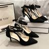Black Large-size High-heeled Shoes Niche Design Sense 2025 New Sexy Cross-strap Pointed Head Shallow Mouth Temperament Single Shoes