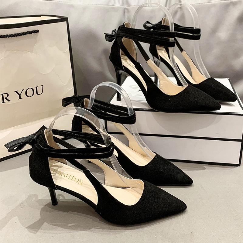 Black Large-size High-heeled Shoes Niche Design Sense 2025 New Sexy Cross-strap Pointed Head Shallow Mouth Temperament Single Shoes