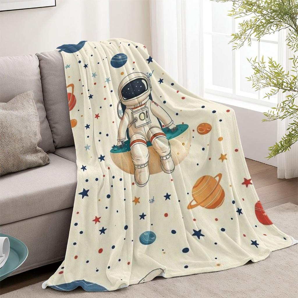Flanelová deka s potiskem astronautů a vesmíru, měkký a útulný fleece, na postel, pohovku, dětský pokoj, celoroční, zábavný dárek