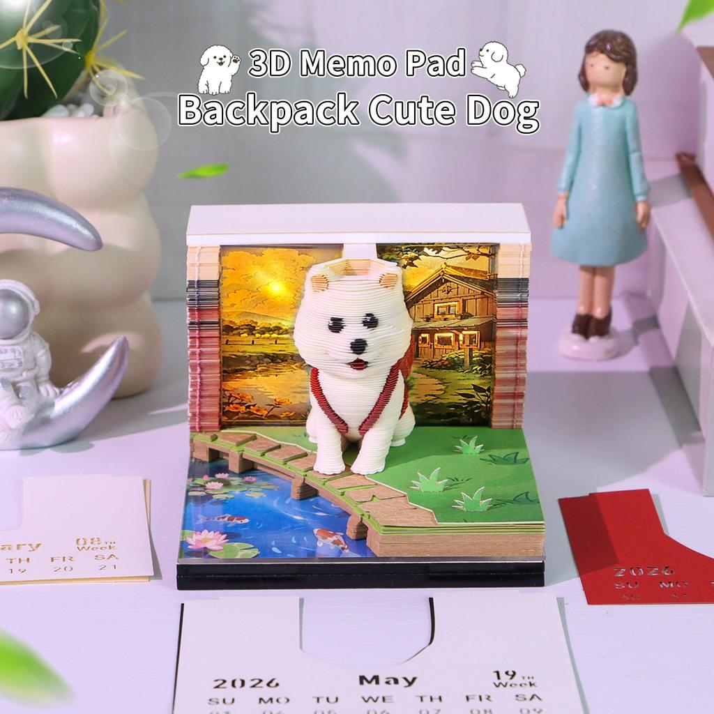 Cute Dog 3D Sticky Notes Creative Memo Pad with Calendar Light Effect Desk Stationery Gift