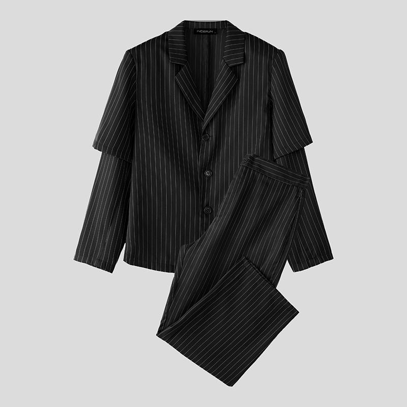INCERUN Men Sets Layers Long Sleeve Striped Tops and Long Pants Casual Suits