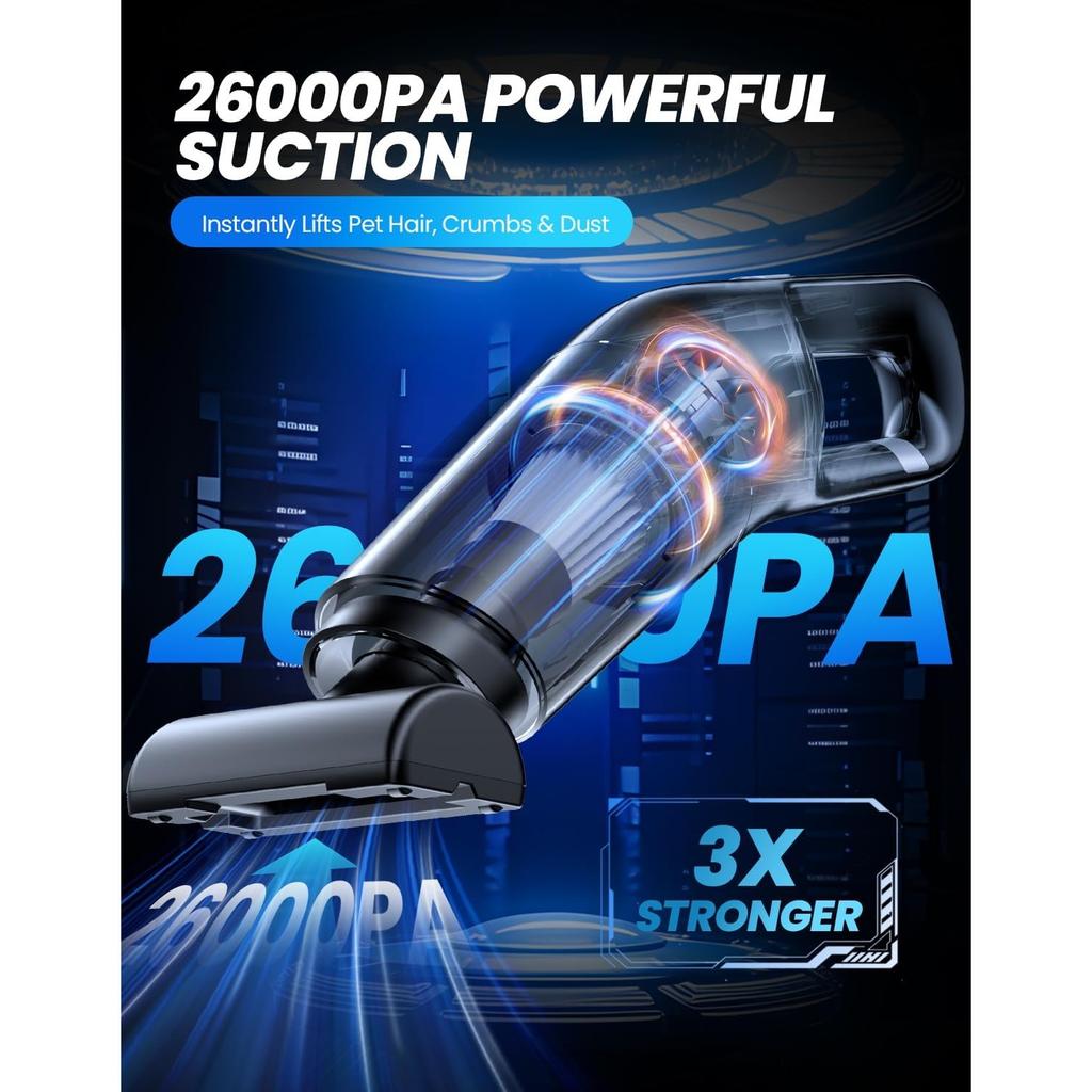 Handheld Vacuum Cordless, 26,000 Pa High Power Suction, Portable Rechargeable Car Vacuum Cleaner for Home, Pet Hair, Keyboard & Furniture, Black