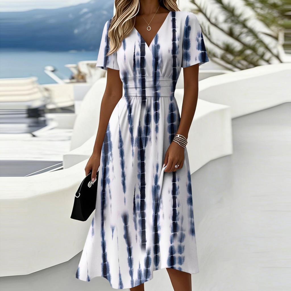 Ladies' Floral Casual Fashionable Short Sleeved V-neck Dress