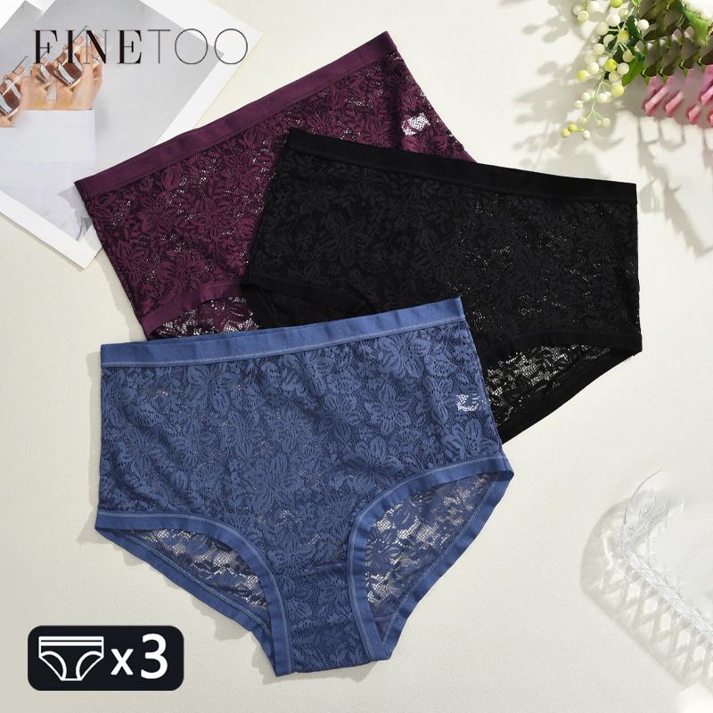 3PCS/Set Floral Embroidery Lace Panties Women's Plus Size Underwear Sexy Hollow Solid Briefs Girls Mid-Rise Temptation Lingerie
