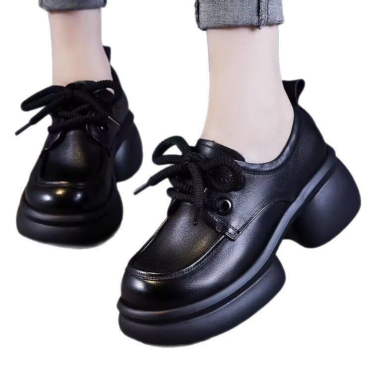 Thick-soled small leather shoes for women's spring 2025 new single shoes, thin British style, small height-increasing work shoes