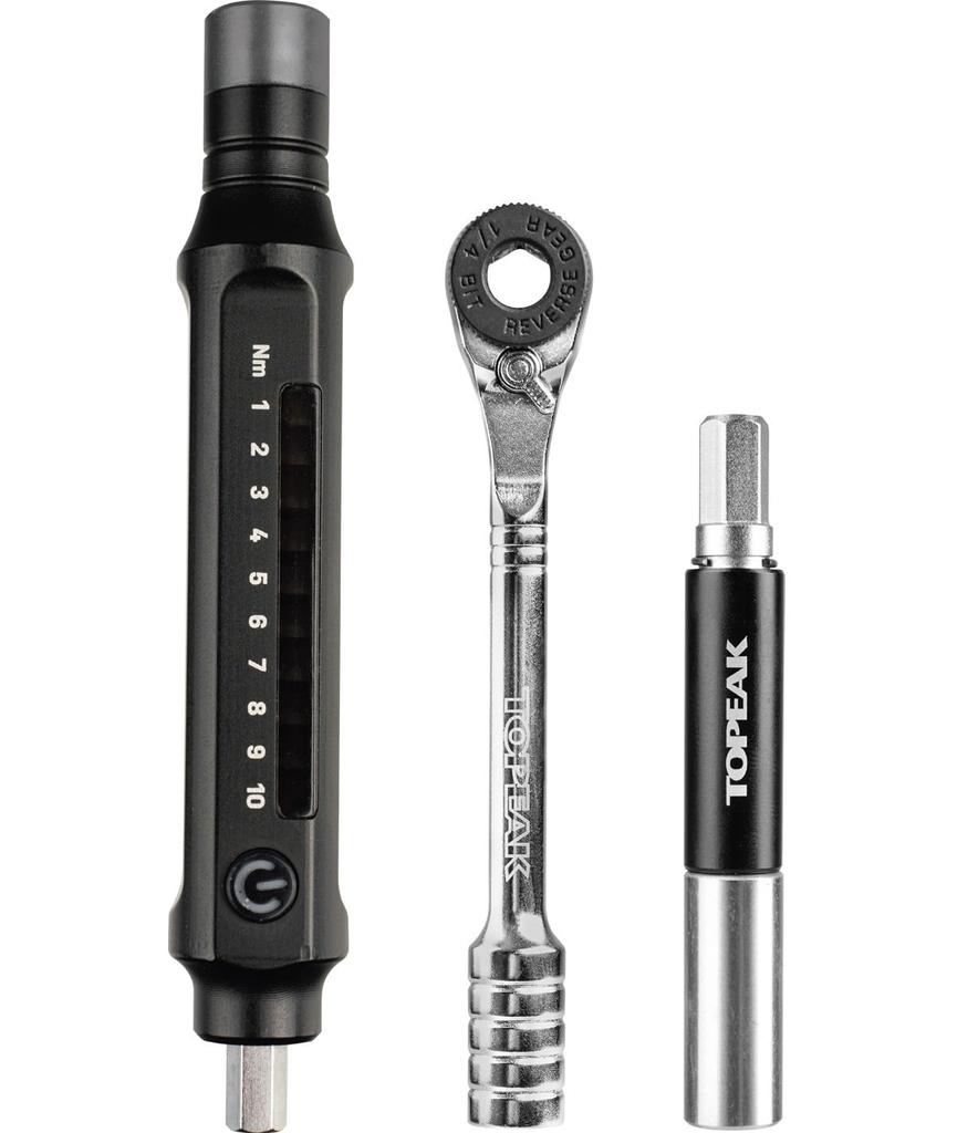 Topeak lightweight portable digital torque wrench with LED includes hex and torx E-Torqbar 1-10Nm, indicator, bits.