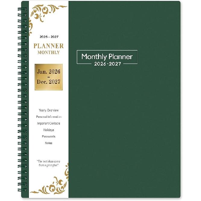 2026-2027 Monthly Planner - Monthly Planner from January 2026 to December 2027, 2026-2027 Planners 8.5 x 11 , 24 Tabs, Inner Pocket зелёный