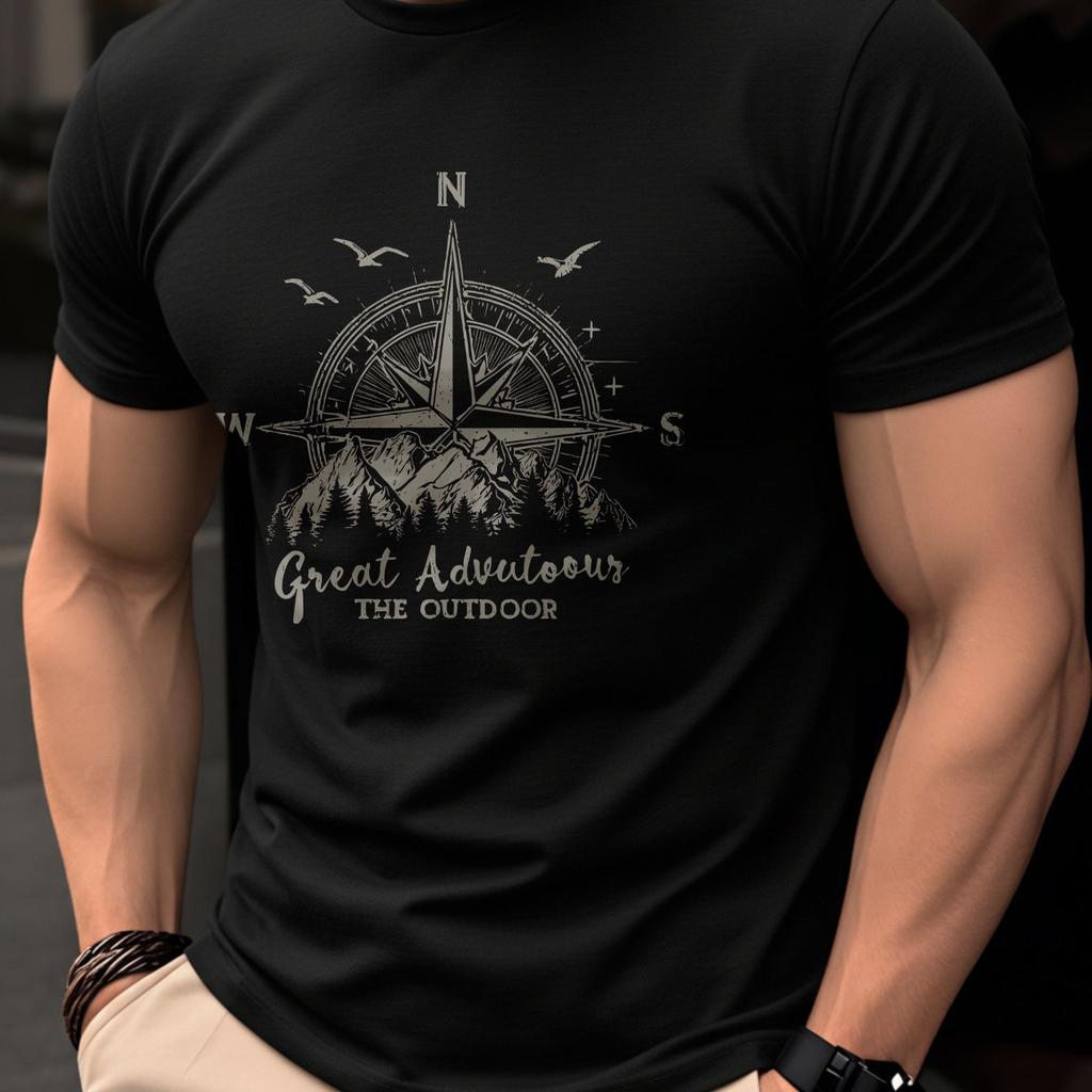 Summer Unisexs 100 Pure Cotton Casual Fashionable Loose Retro Compass Mountain Pattern Printed Round Neck Short Sleeved Tshirt