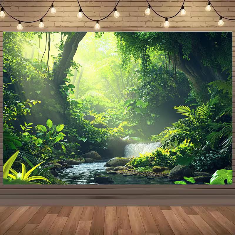 2D Misty Rainforest Waterfall Backdrop with Sunlight Photography Background
