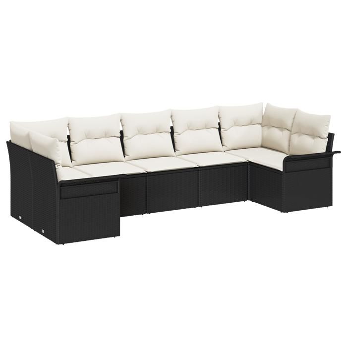 Ensemble de canapé de jardin de 7 pièces avec coussins en poly rattan noir, Canapé de jardin deux places avec rangement 3354176