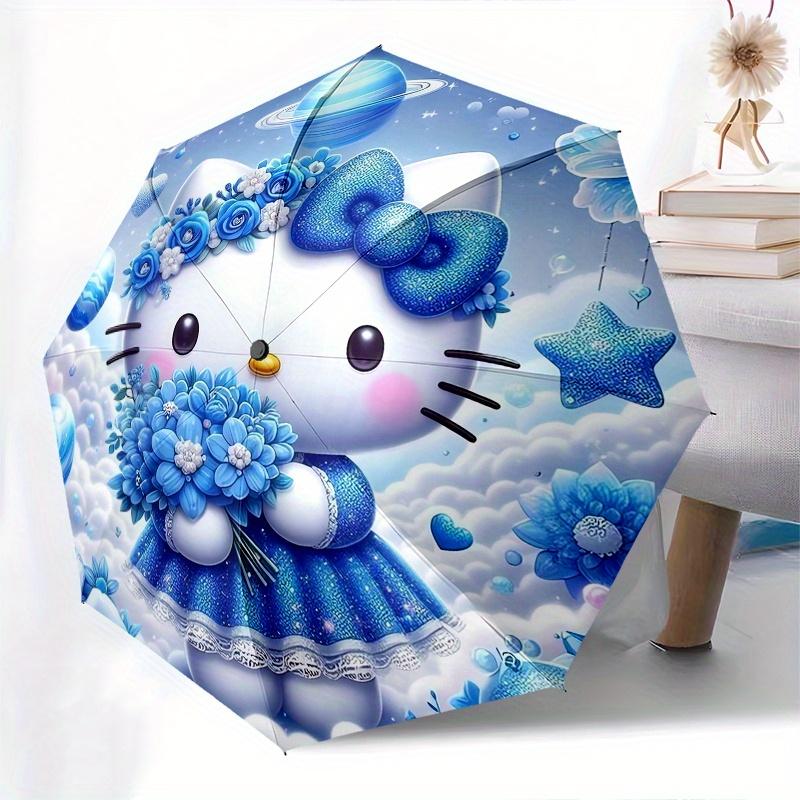 Hello Kitty,Blue Fantasy Automatic Folding Umbrella-Simple 8-Rib Design, Bright Cartoon Pattern, Durable Iron Frame, Suitable For Travel, Ou