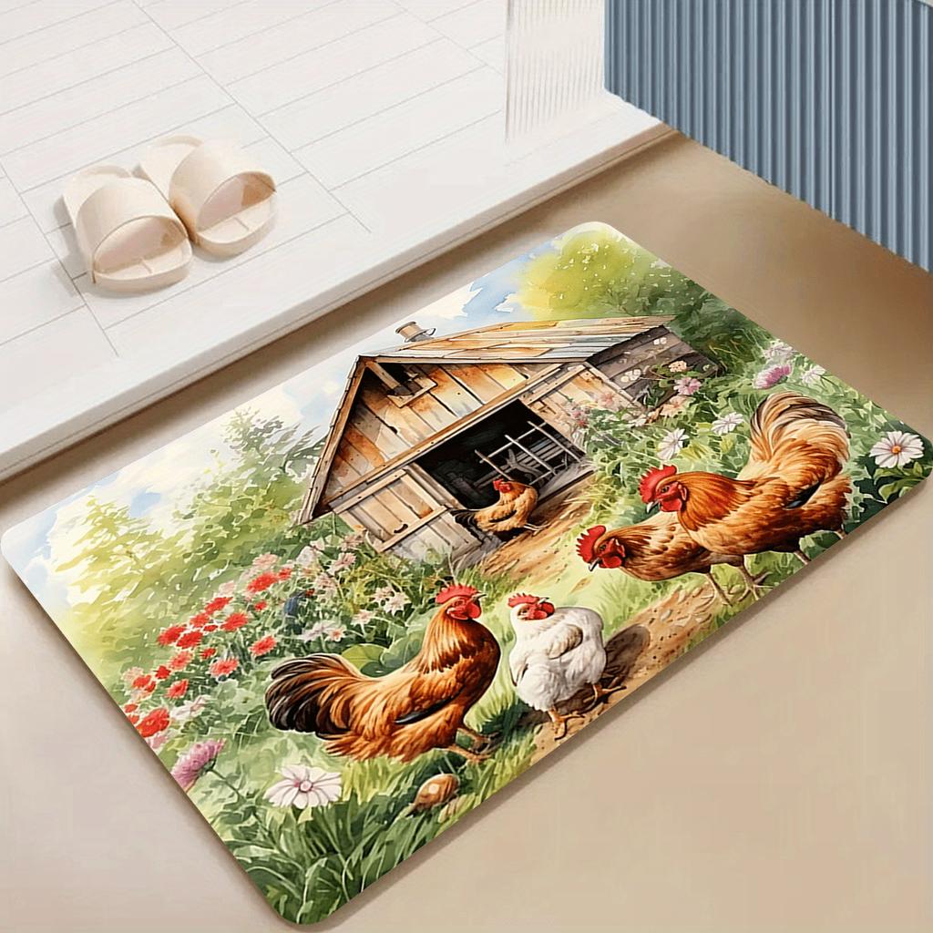 1Pcs Anti Fatigue Kitchen Rugs  Farmhouse Rooster FloralWaterproof Non-Slip Thick Cushioned Kitchen Mat Heavy Duty Comfort Standing Mat for Kitchen